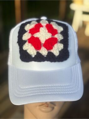 White Trucker Hat with Crochet granny Square. Patriotic - Red, white & Blue